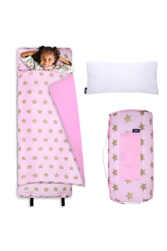 Original Nap Mat with Pillow for Boys and Girls, Features Hook and Loop Fastener, Roll-Up Design, Soft Cotton Blend Materials (Pink and Gold Stars)