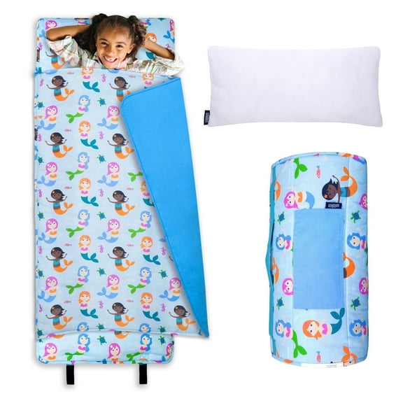 Wildkin Original Nap Mat with Pillow for Boys and Girls, Features Hook and Loop Fastener, Roll-Up Design, Soft Cotton Blend Materials (Mermaids Blue)