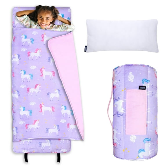 Wildkin Original Nap Mat with Pillow for Boys and Girls, Features Hook and Loop Fastener, Roll-Up Design, Soft Cotton Blend Materials (Unicorn)