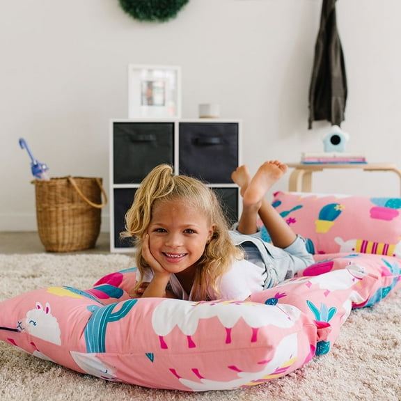 Wildkin Pillow Lounger for girls, Features Separate Pillow Pockets with Envelope Closure, Vibrant, Playful Patterns (Llamas and Cactus Pink)
