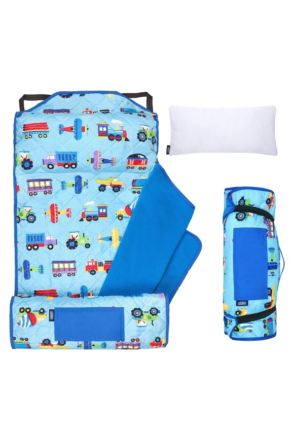 Quilted Nap Mat with Elastic Corner Straps for Boys and Girls (Trains, Planes & Trucks)