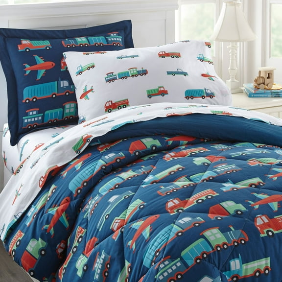 Wildkin Kids 5 Pc Twin Cotton Bed in a Bag for Boys & Girls (Transportation )