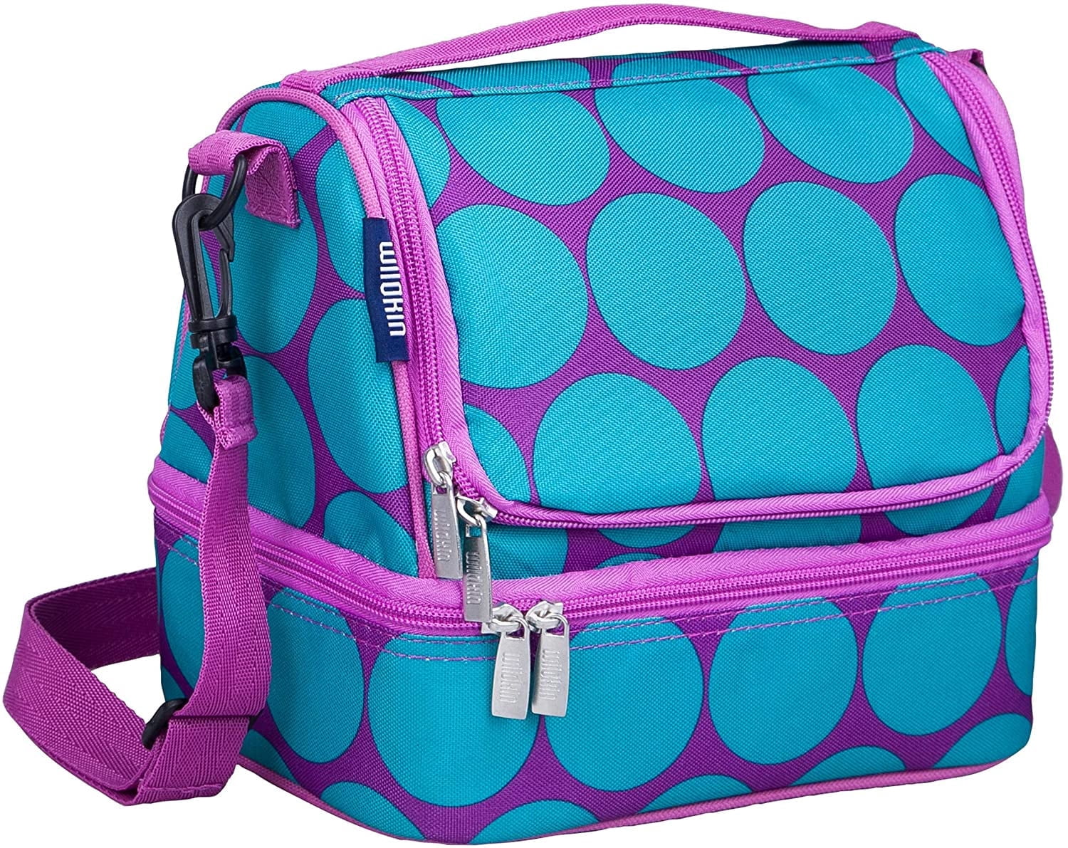 Wildkin Two Compartment Insulated Reusable Kids Lunch Bag for Boys & Girls, BPA Free, Includes Shoulder Strap (Big Dot Aqua)