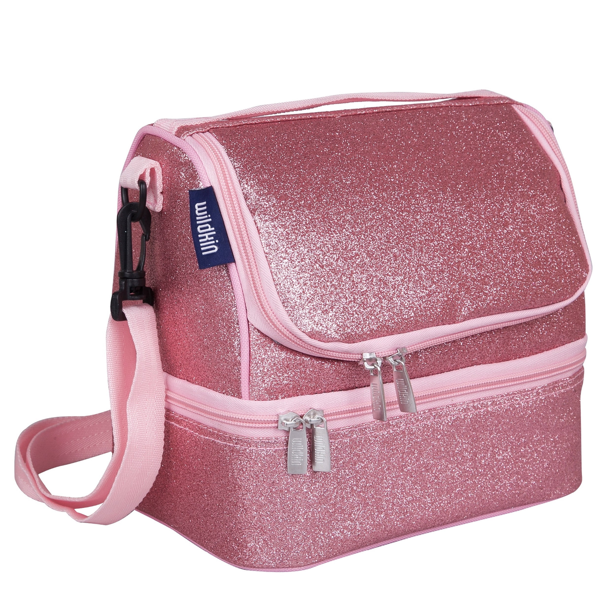 Wildkin Two Compartment Insulated Reusable Kids Lunch Bag for Boys & Girls, BPA Free, Includes Shoulder Strap (Pink Glitter)