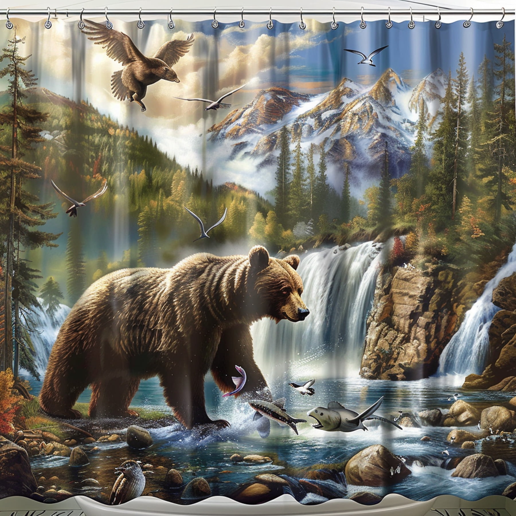 Wildlife Adventure Shower Curtain Bear Chasing Fish in Mountain River ...
