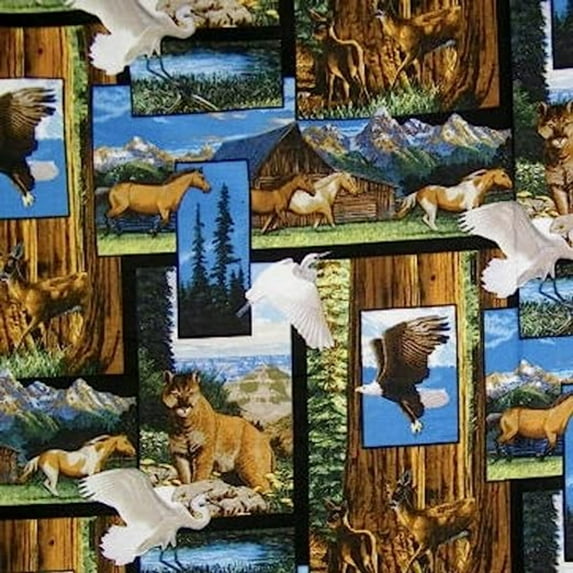 Wildlife America The Beautiful Collage Animals Blocks Cotton Fabric