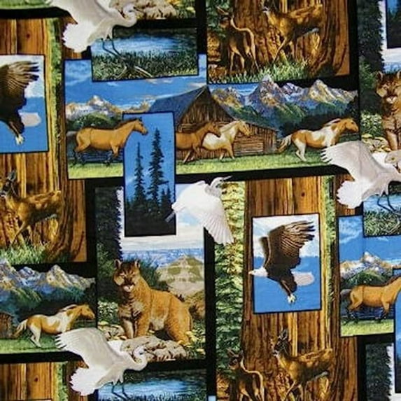 Wildlife America The Beautiful Collage Animals Blocks Cotton Fabric