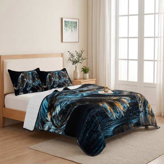 Wildlife Animal Pattern Tiger 3 Pieces Quilt Set,1 Quilt with 2 Shams,Glowing Blue Gold Bedspread Soft Lightweight Bedding Coverlet Comforter Set for All Season 68"x98"
