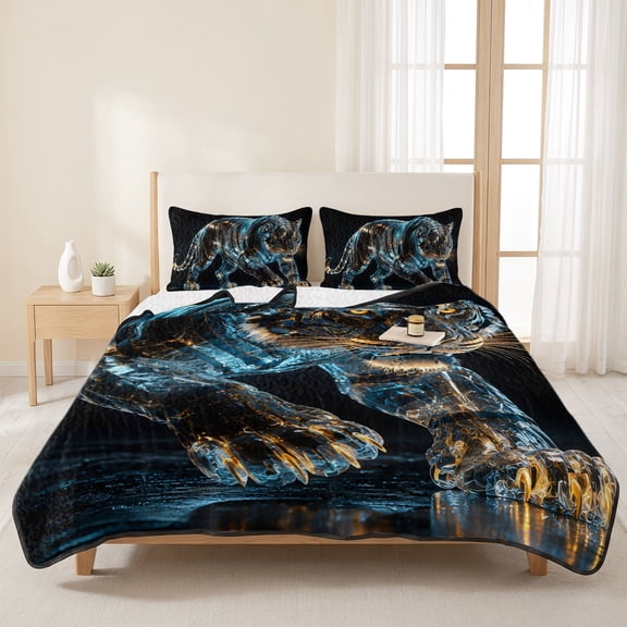 Wildlife Animal Pattern Tiger 3 Pieces Quilt Set,1 Quilt with 2 Shams,Glowing Blue Gold Bedspread Soft Lightweight Bedding Coverlet Comforter Set for All Season 96"x106"