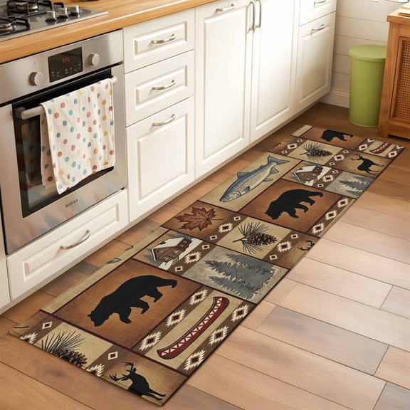Wildlife Animals Runner Rug Non Slip 2x6 Brown Deer Fish Pinecone Folk Art Style Farmhouse Washable Rug Runner for Hallways Low Pile Kitchen Rugs Stain Resist Carpet for Bathroom Bedroom Entryway