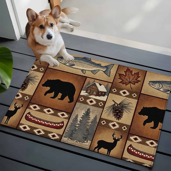 Wildlife Animals Small Area Rugs 2x3 Brown Deer Fish Pinecone Folk Art Style Farmhouse Entryway Rugs Washable Door Mat, Low-Profile Area Rugs Non Slip Floor Carpet for Living Room Bedroom Home Office
