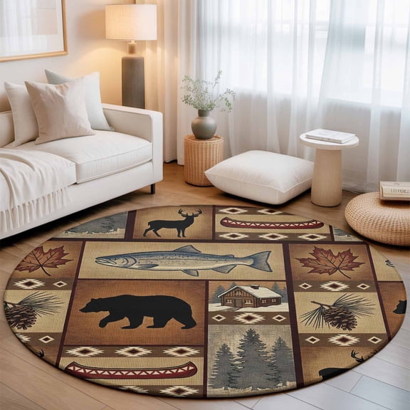 Wildlife Animals Washable Round Area Rug 3 ft, Brown Deer Fish Pinecone Folk Art Style Farmhouse Soft Non Slip Rugs Stain Repellent Indoor Felt Carpet for Living Dining Room Bedroom Home Office
