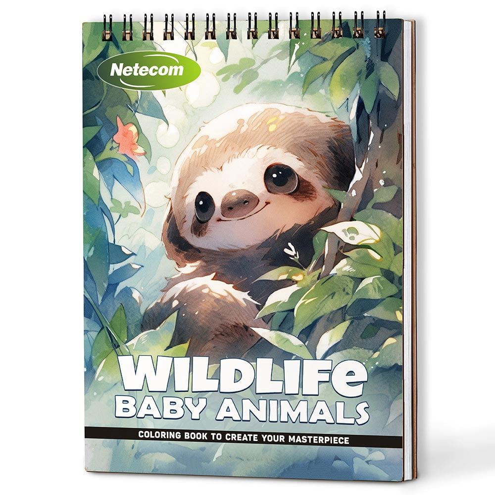 Wildlife Baby Animals Coloring Book Spiral Bound For Adults, A5 Wooden Cover, 30 Adorable Coloring Pages of Playful Baby Animals for Stress Relief and Relaxation