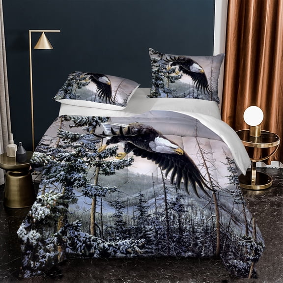 Wildlife Bald Eagle Kids Comforter Sets Twin Size Bed Bedding Set Nature Snow Forest 3D Print Duvet Animal Theme Boys Girls Teens Adult Quilt Set with 1Pillowcase
