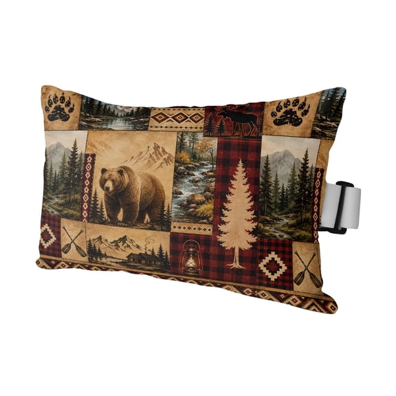 Wildlife Bear Forest Pine Tree Outdoor Pillow for Chaise Lounge Chair,Mountain Plaid Tribal Pattern Waterproof Headrest Lumbar Pillows with Insert&Elastic Strap for Patio Pool Garden Chairs,1 Pack