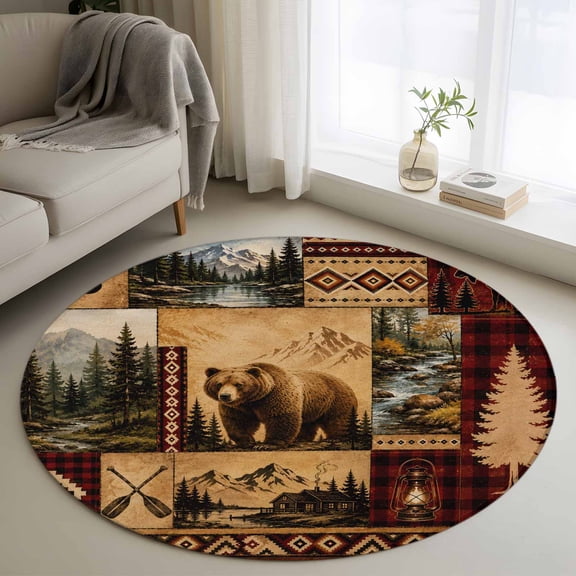 Wildlife Bear Forest Pine Tree Round Rug 3ft Mountain Plaid Tribal Pattern Washable Area Rugs for Living Room Bedroom Entryway Non Slip Entrance Door Mat Indoor Floor Carpet