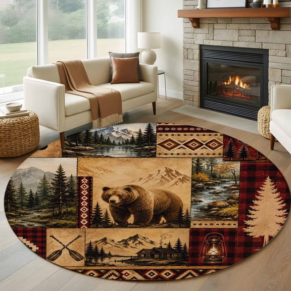Wildlife Bear Forest Pine Tree Round Rug 5ft Mountain Plaid Tribal Pattern Washable Area Rugs for Living Room Bedroom Entryway Non Slip Entrance Door Mat Indoor Floor Carpet
