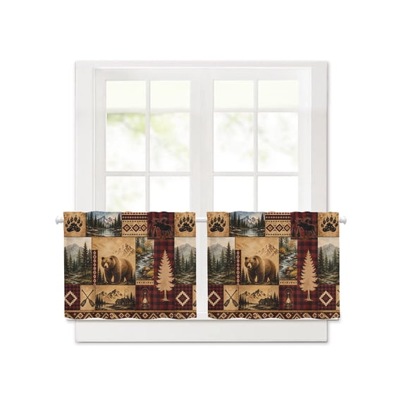 Wildlife Bear Forest Pine Tree Short Blackout Curtains 24 Inch Long,Mountain Plaid Tribal Pattern Rod Pocket Kitchen Curtains,2 Panels Thermal Insulated Room Darkening Drapes for Bedroom,30"Wx24"L