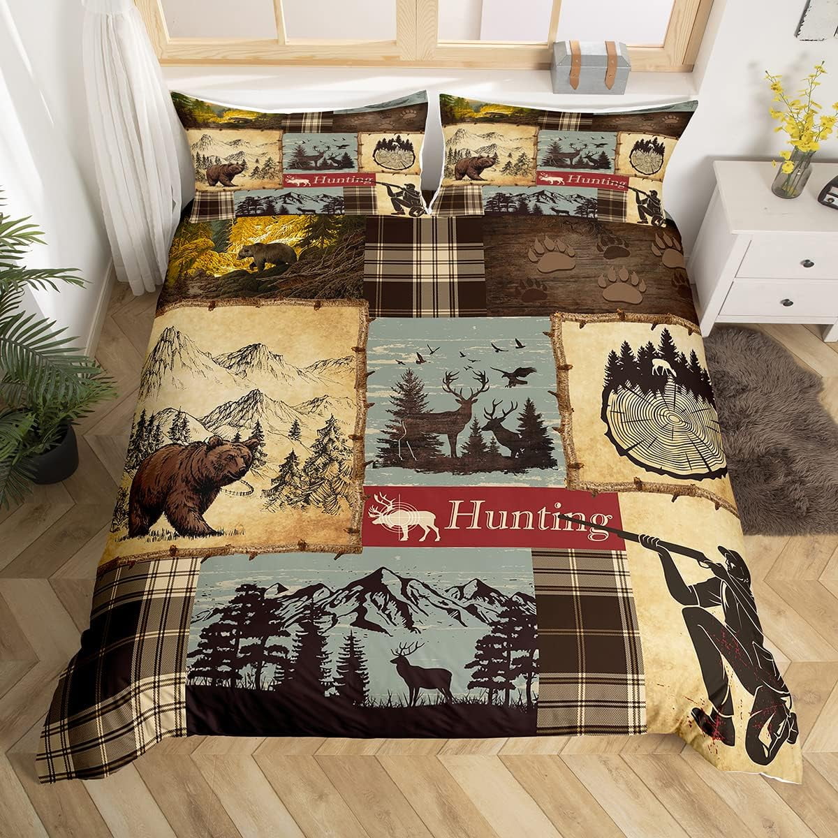 Wildlife Bear Moose Comforter Cover, Rustic Animal Printed Bedding Set