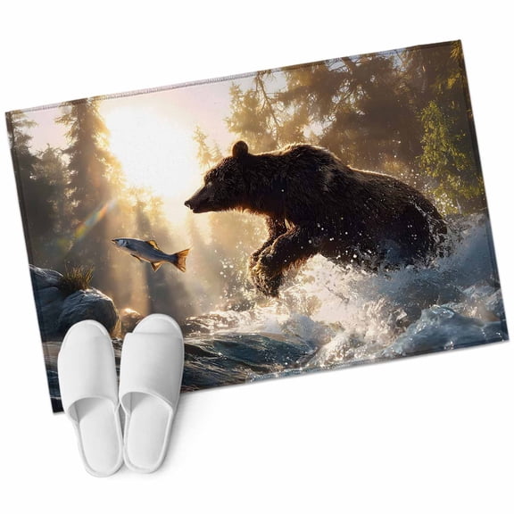 Wildlife Bears Bathroom Rug Washable 2x3 Entryway Rug Non Slip Modern Art Forest River Animals Front Door Mat Low Pile Indoor Doormat Throw Floor Carpet for Kitchen Bedroom Entrance