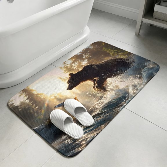 Wildlife Bears Bathroom Rugs Non Slip Washable Bath Mat Absorbent Low Pile Front Door Mat Modern Art Forest River Animals Indoor Doormat for Kitchen Entryway Shower Decor Accessories 31.5"x47.2"