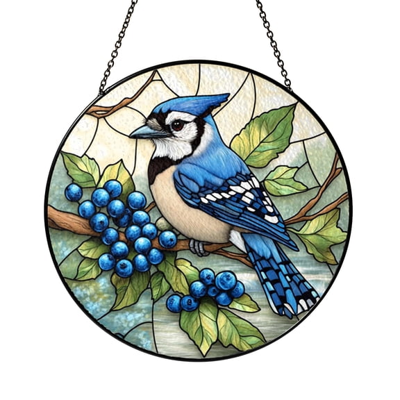 Wildlife Bird Window Decor – Blue Jay Stained Glass Look