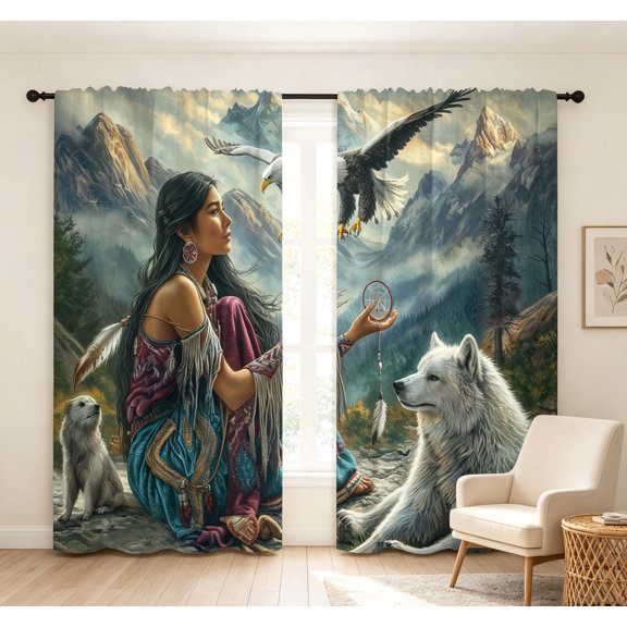 Wildlife Blackout Curtains Wolf, Eagle & Nature Landscape, Thermal Insulated Rod Pocket Darkening Drapes for Bedroom & Living Room, 84" x 84"