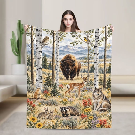 Wildlife Blanket Forest Animals Mountain Flannel Throw Blanket Gift for Nature Lovers Rustic Home Decor 50x40 in