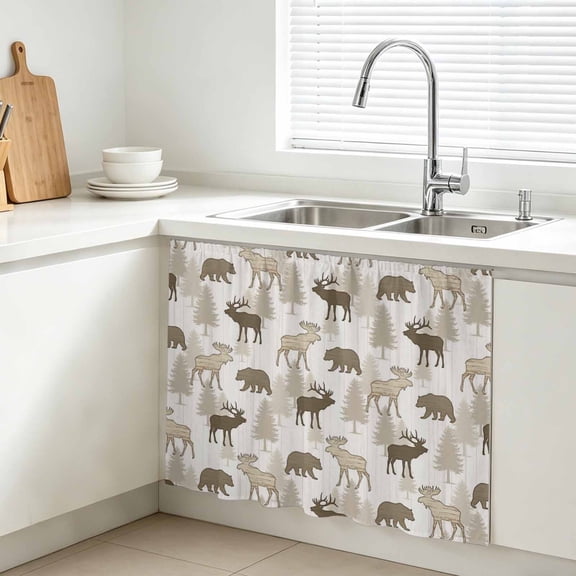 Wildlife Cabinet Curtains for Kitchen 10"W x 11"L, Rustic Brown Moose Bears Pine Trees Silhouette Under Sink Skirt Magic Tape Short Curtain Decorative Privacy Panel for Bathroom Laundry