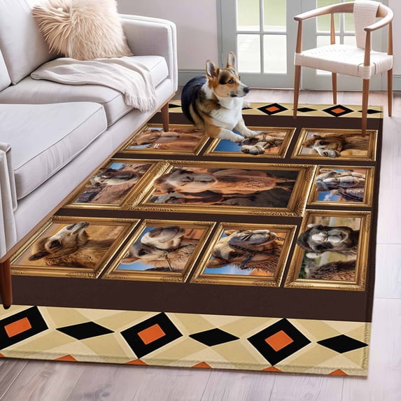 Wildlife Camels 3'x5' Washable Rug, Deserts Animals Brown Geometric Rustic Non-Slip Area Rugs for Entryway Kitchen Classroom, StainResistant Dorm Throw Carpet, Low Pile Soft Indoor Floor Mat