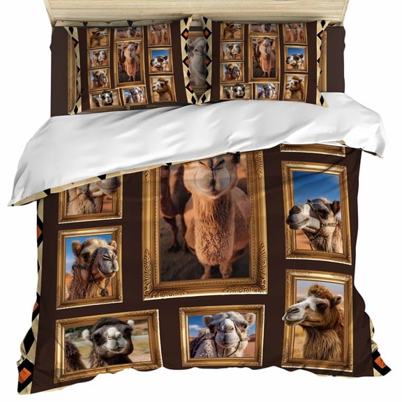Wildlife Camels Set of 4 Bedding Quilt Covers, Deserts Animals Brown Geometric Rustic 4-Piece Bed Sheet Set with Extra Soft Bed Sheets Quilt Cover Pillowcase, Queen