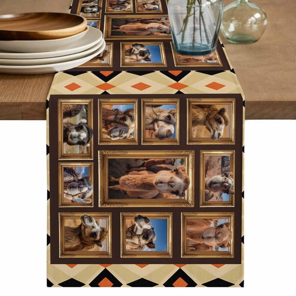 Wildlife Camels Table Runner, Deserts Animals Brown Geometric Rustic Washable Cotton Linen Table Runners 36 Inches Long, Dresser Scarf Runner for Nightstand/End Tables/Round Tables 13''x36''