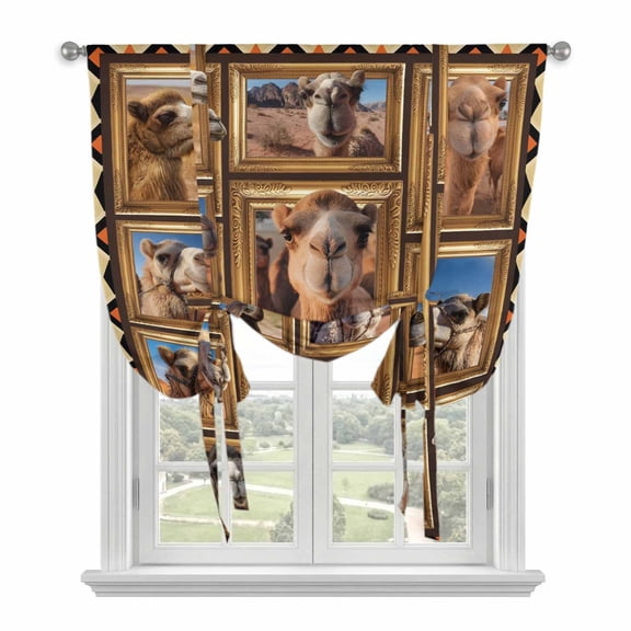 Wildlife Camels Tie Up Curtains 45 Inches Long, Kitchen Window Curtains Over Sink, Deserts Animals Brown Geometric Rustic Small Window Curtains Shade Balloon Curtains Valances for Bedroom 34"x45"