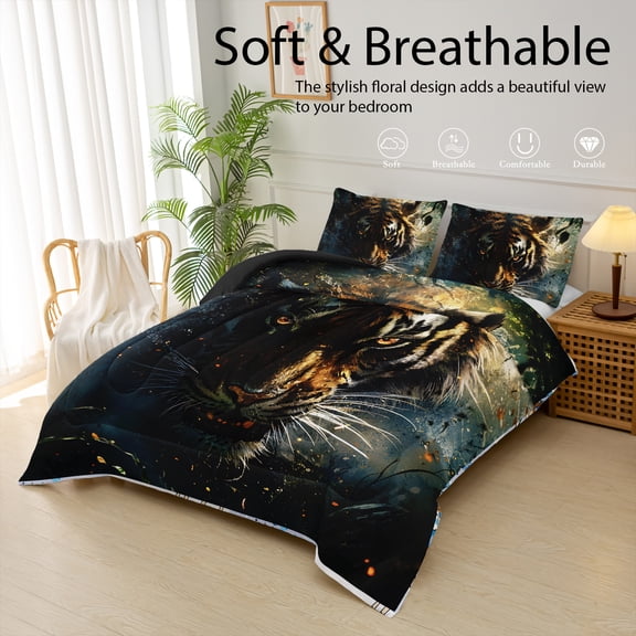 Wildlife Comforter Set Queen Size,Tiger Prints Bedding Set for Home Decor ,Animal Prints Comforter with 2 Pillowcases,Soft and Lightweight