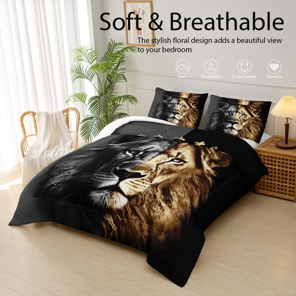 Wildlife Comforter Set Twin Size,Lion Bedding Duvet 3-Piece Set (1 Comforter + 2 Pillowcases), All-Season Duvet, Soft, Comfortable, Breathable Printed Bedding, Perfect for Home Decor