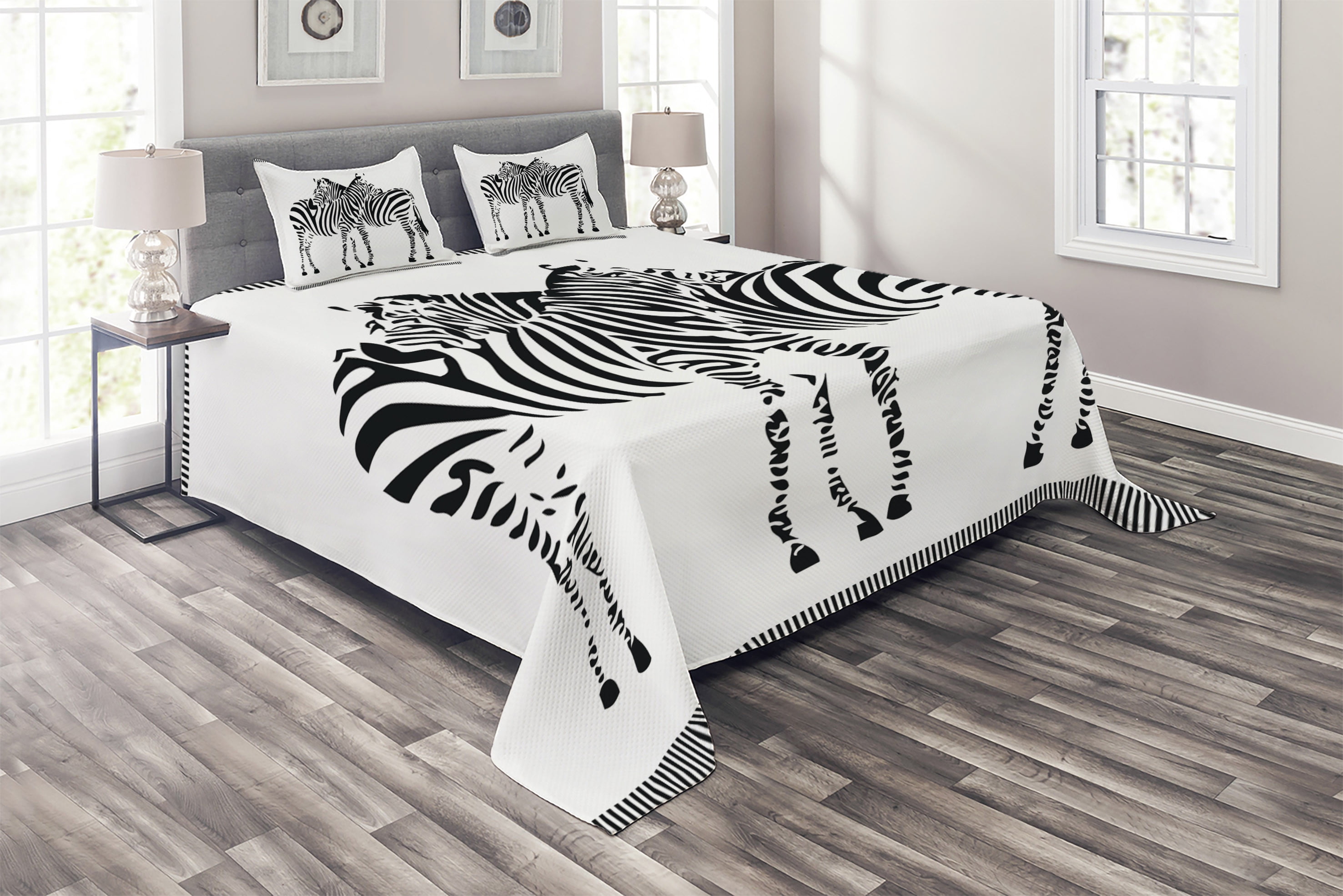 Wildlife Coverlet, Abstract Cartoon Pair of Zebras Contast Stripes Zoo