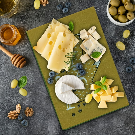 Wildlife Cutting Board, Crown Shaped Mountains King of the Wild Saying Word Trees, Decorative Tempered Glass Cutting and Serving Board, in 3 Sizes, by Ambesonne