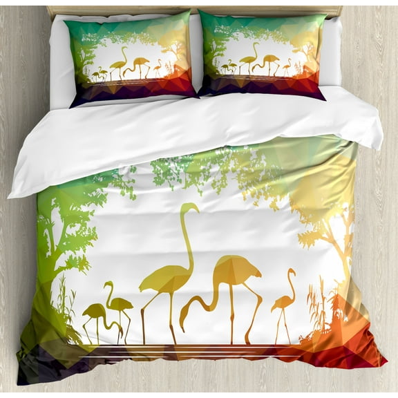 Wildlife Decor King Size Duvet Cover Set, Modern Flamingo Figures in Digital Art with Polygonal Featured Shadow Effects, Decorative 3 Piece Bedding Set with 2 Pillow Shams, Multi, by Ambesonne