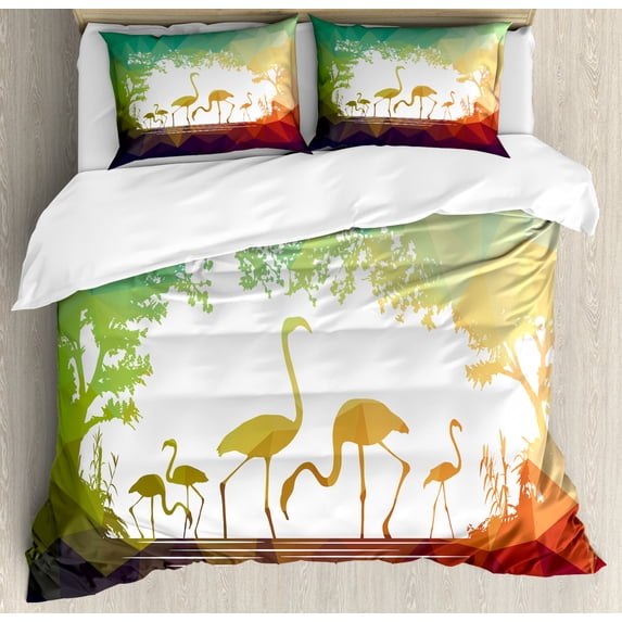 Wildlife Decor Queen Size Duvet Cover Set, Modern Flamingo Figures in Digital Art with Polygonal Featured Shadow Effects, Decorative 3 Piece Bedding Set with 2 Pillow Shams, Multi, by Ambesonne