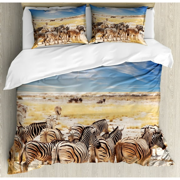 Wildlife Decor Queen Size Duvet Cover Set, Zebras in Savannah Desert Waterhole on Hot Day Africa Safari Adventure Land Print, Decorative 3 Piece Bedding Set with 2 Pillow Shams, Multi, by Ambesonne