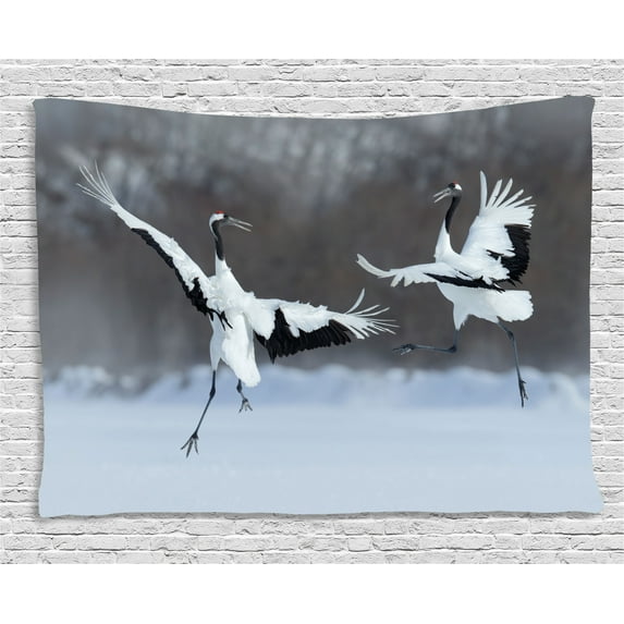 Wildlife Decor Tapestry, Dancing Pair of Red-Crowned Crane with Open Wings in Flight Romantic Bird Print, Wall Hanging for Bedroom Living Room Dorm Decor, 80W X 60L Inches, White, by Ambesonne