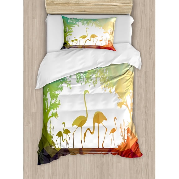 Wildlife Decor Twin Size Duvet Cover Set, Modern Flamingo Figures in Digital Art with Polygonal Featured Shadow Effects, Decorative 2 Piece Bedding Set with 1 Pillow Sham, Multi, by Ambesonne