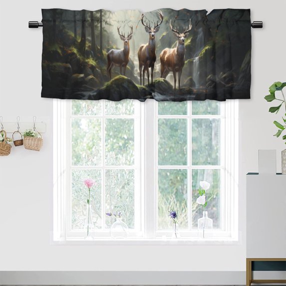 Wildlife Deer Curtain Valance for Kitchen Hunting Foggy Forest Waterfall Elk Animal Window Valance for Living Room Bedroom, Kitchen Valance Rod Pocket Window Curtain 54 by 18 in, 1 Panel