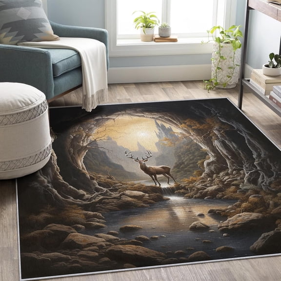 Wildlife Deer Elk Area Rugs, Rustic Animal Carpet, Washable Non Slip Low Pile Soft Rug for Bedroom Living Room Decor Mat 5ftx8ft