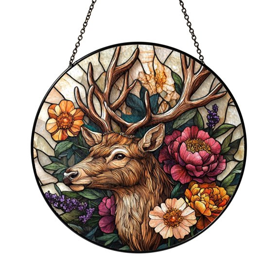 Wildlife Deer Meadow Stained Glass Style Suncatcher for Window Decor