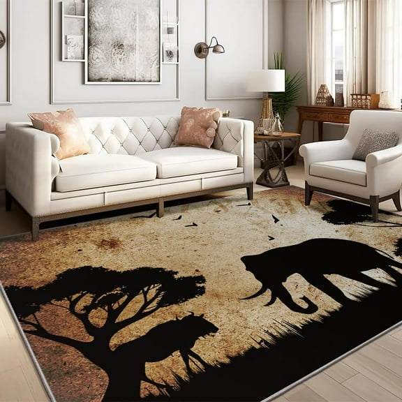 Wildlife Elephant Area Rug Animals Rugs Retro Abstract Anti-Slip Carpet Washable Low Pile For Bedroom Livingroom Kitchen Nursery-5' × 7'