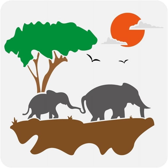 Wildlife Elephant Stencil: 11.8x11.8 inch African Elephant & Baby Drawing Template