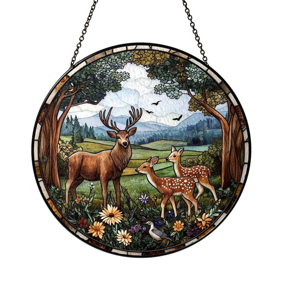 Wildlife Forest Glass Window Panel Featuring Deer Design, Decorative Light Catching Art for Home Window Spaces