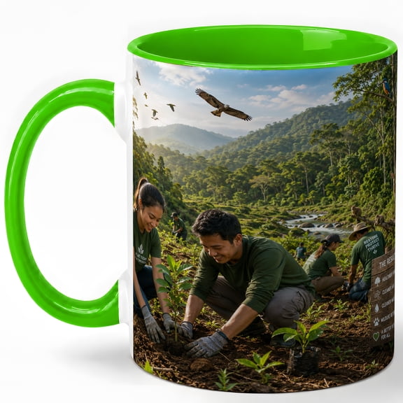 Wildlife Forest Restoration Coffee Mug, Tree Planting Conservation Design, 11 oz Ceramic Cup