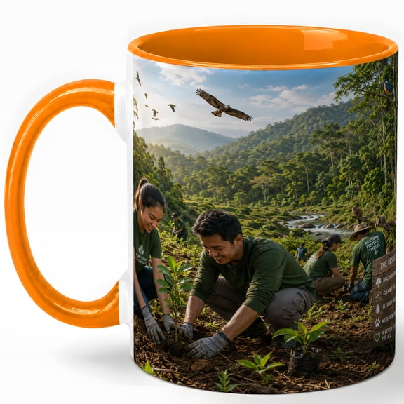 Wildlife Forest Restoration Coffee Mug, Tree Planting Conservation Design, 11 oz Ceramic Cup